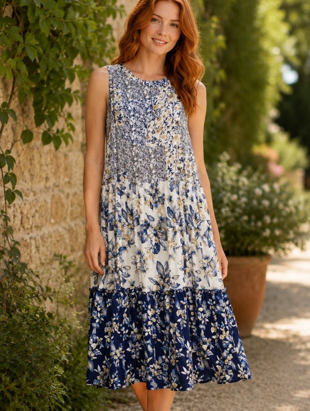 Penelope Rose NEW Tiered Floral Midi Dress Navy/Cream Size Large Peasant Modest
